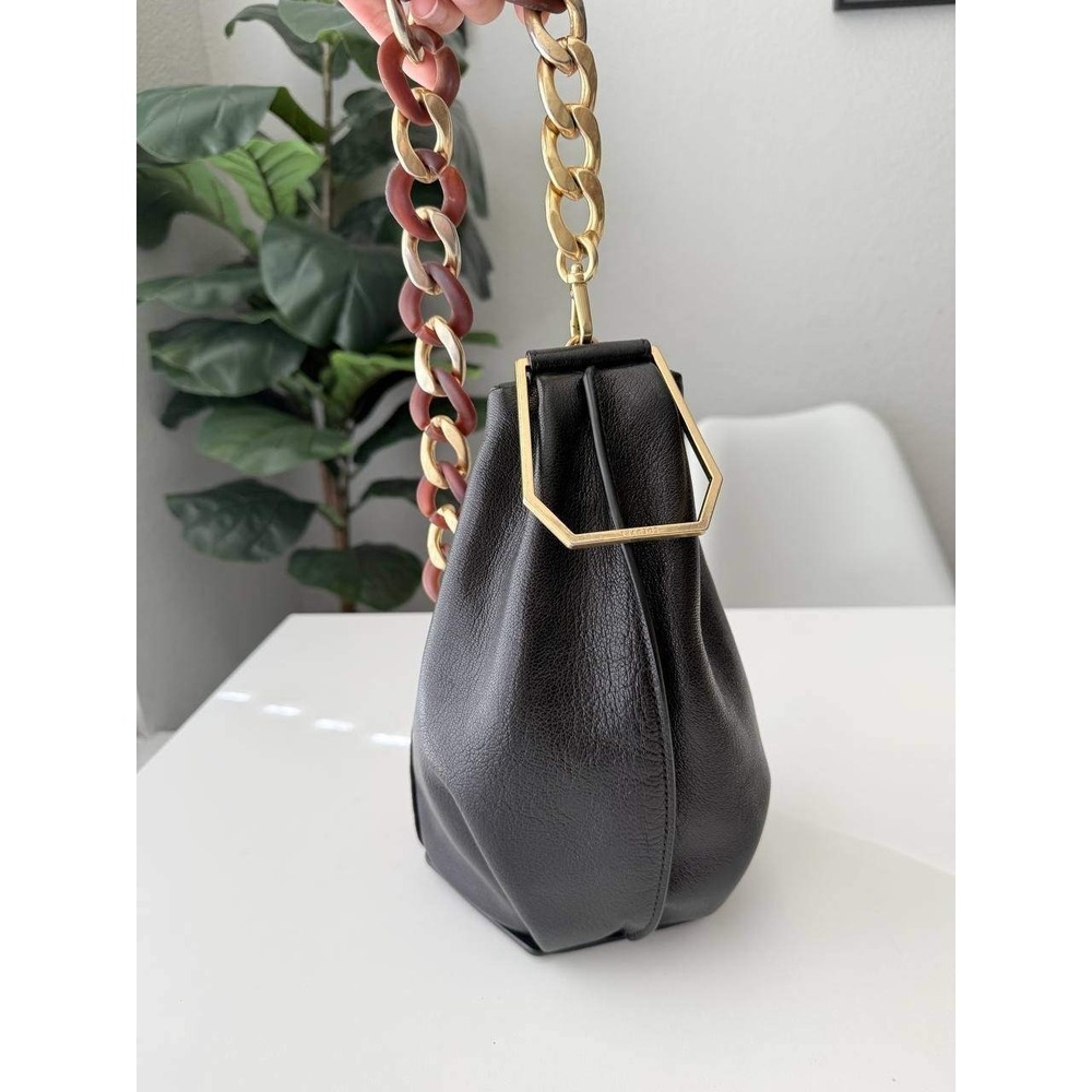 Loeuvre Black Leather Shoulder Bag Gold Chain Hexagon Hardware Designer Handbag